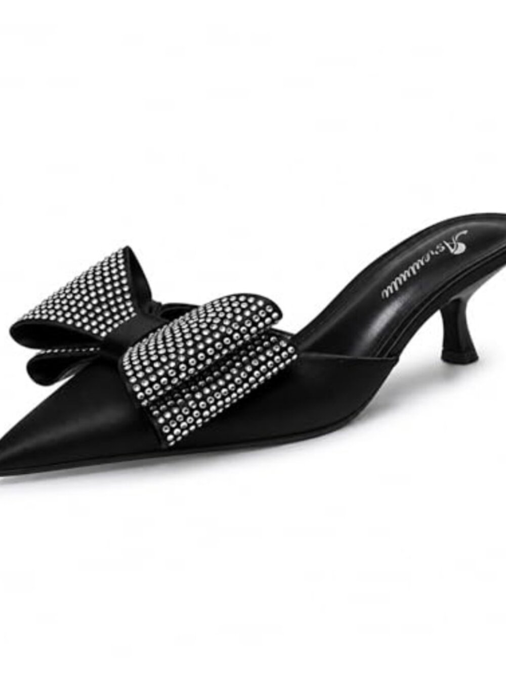 Pointed Toe Kitten Heel Mules Rhinestone Bow Satin Mules for Parties Weddings